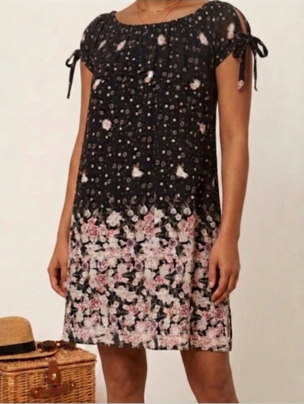 Siren Lily Petite Floral Tie-Sleeve Shift Dress - Whimsygoth Boho-Size PS